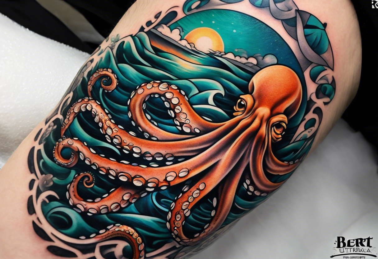 Full sleeve arm tattoo with octopus and sea scene tattoo idea