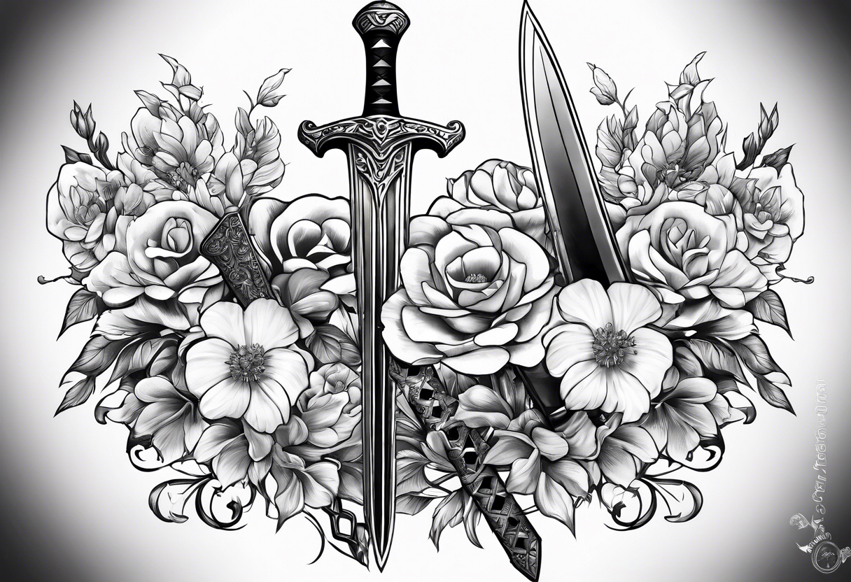 Sword with January, May and June birth flowers wrapped around it. tattoo idea