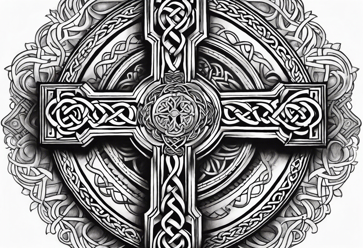 Celtic cross, shamrock in center of cross, one Indian feather hanging from each side arm of cross tattoo idea