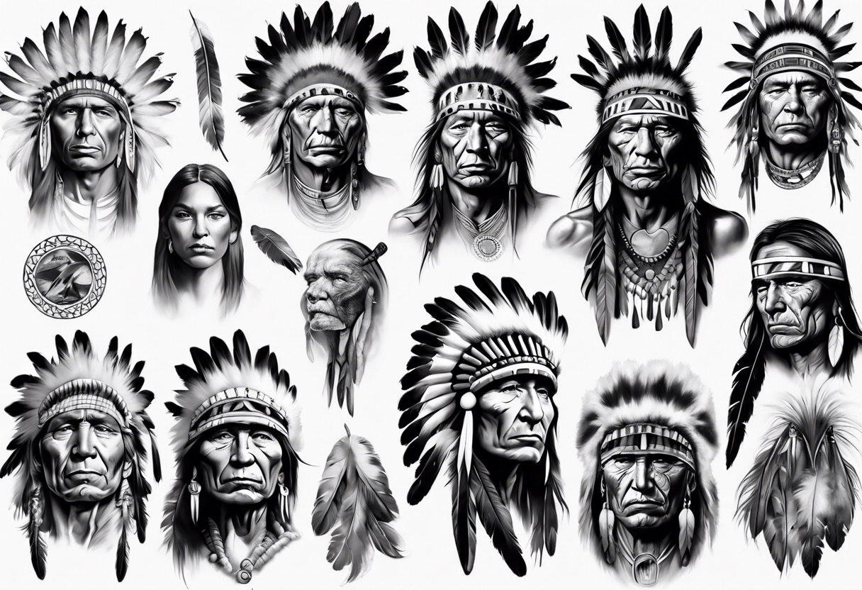 Native American theme man face photorealistic sleeve tattoo idea