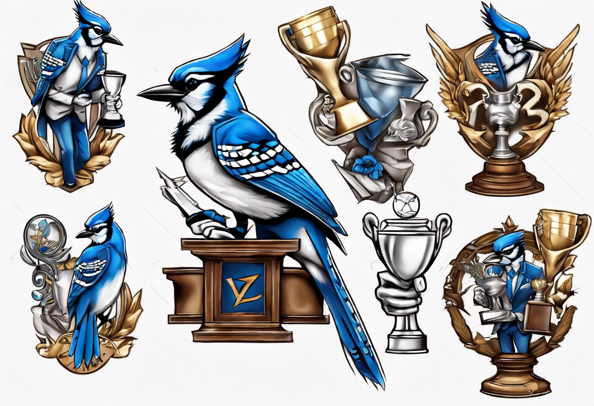 bluejay in a suit holding a trophy tattoo idea