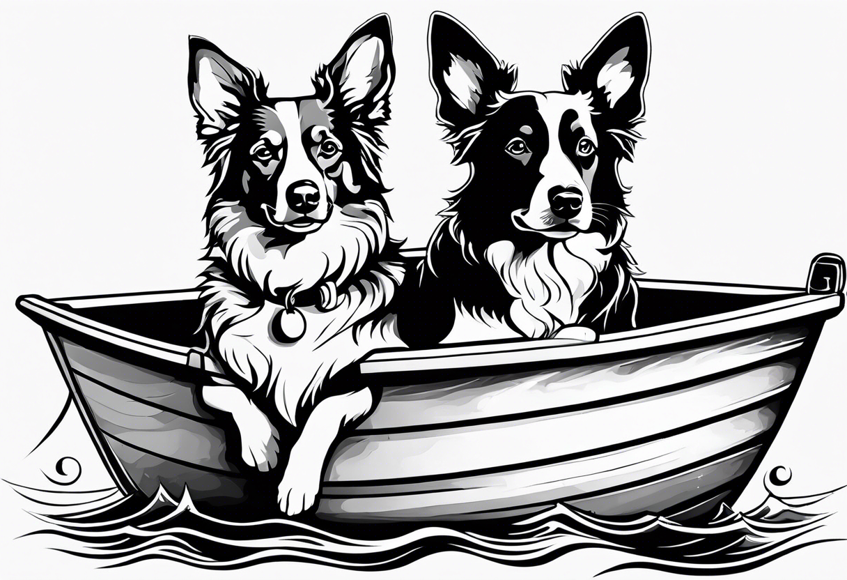 two dogs in a boat. One dog is tan with big ears like a chihuahua. The other dog is black and white and looks like an australian shepherd with floppy ears tattoo idea