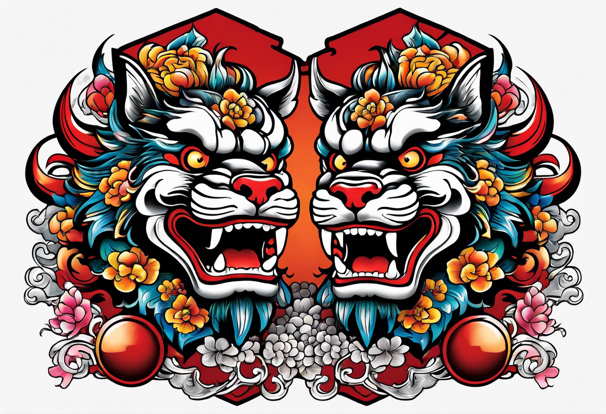 Pair of Okinawa shisa on chest. 1980s Yakuza style tattoo idea