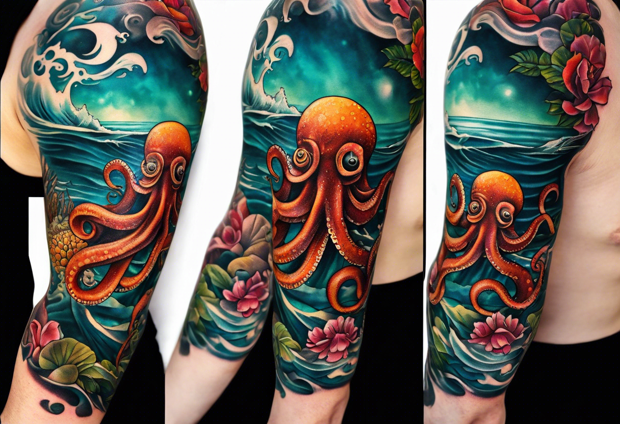 Full sleeve arm tattoo with octopus and sea scene tattoo idea