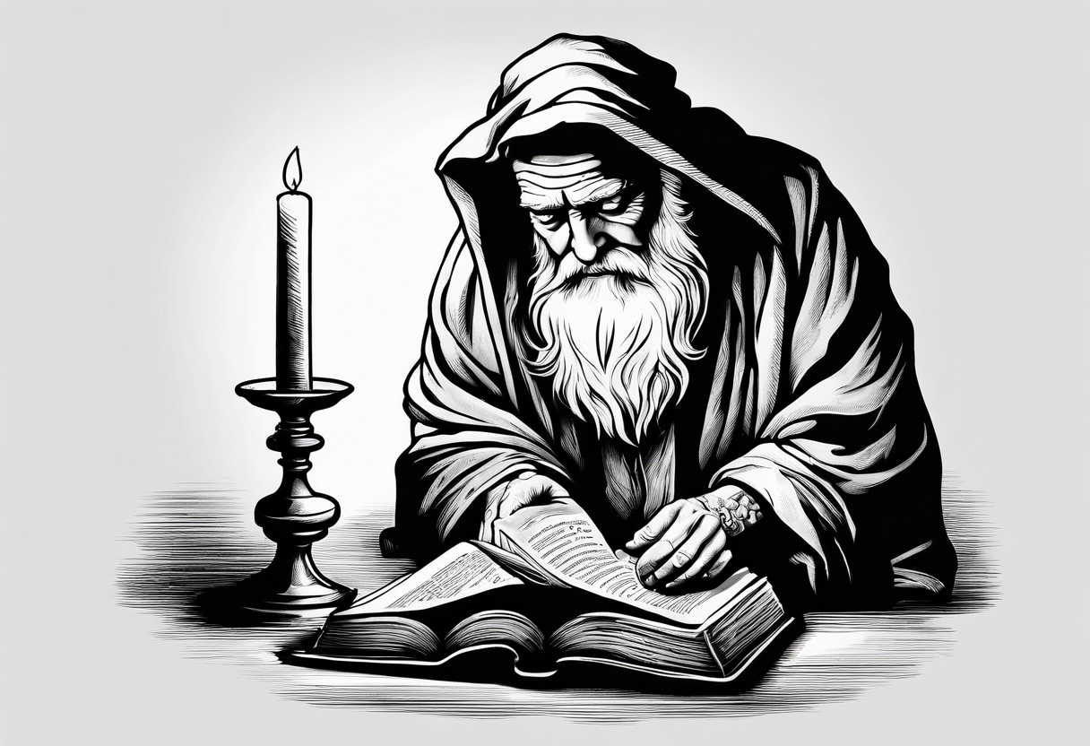 old man beggar reading a holy bible by candle light tattoo idea