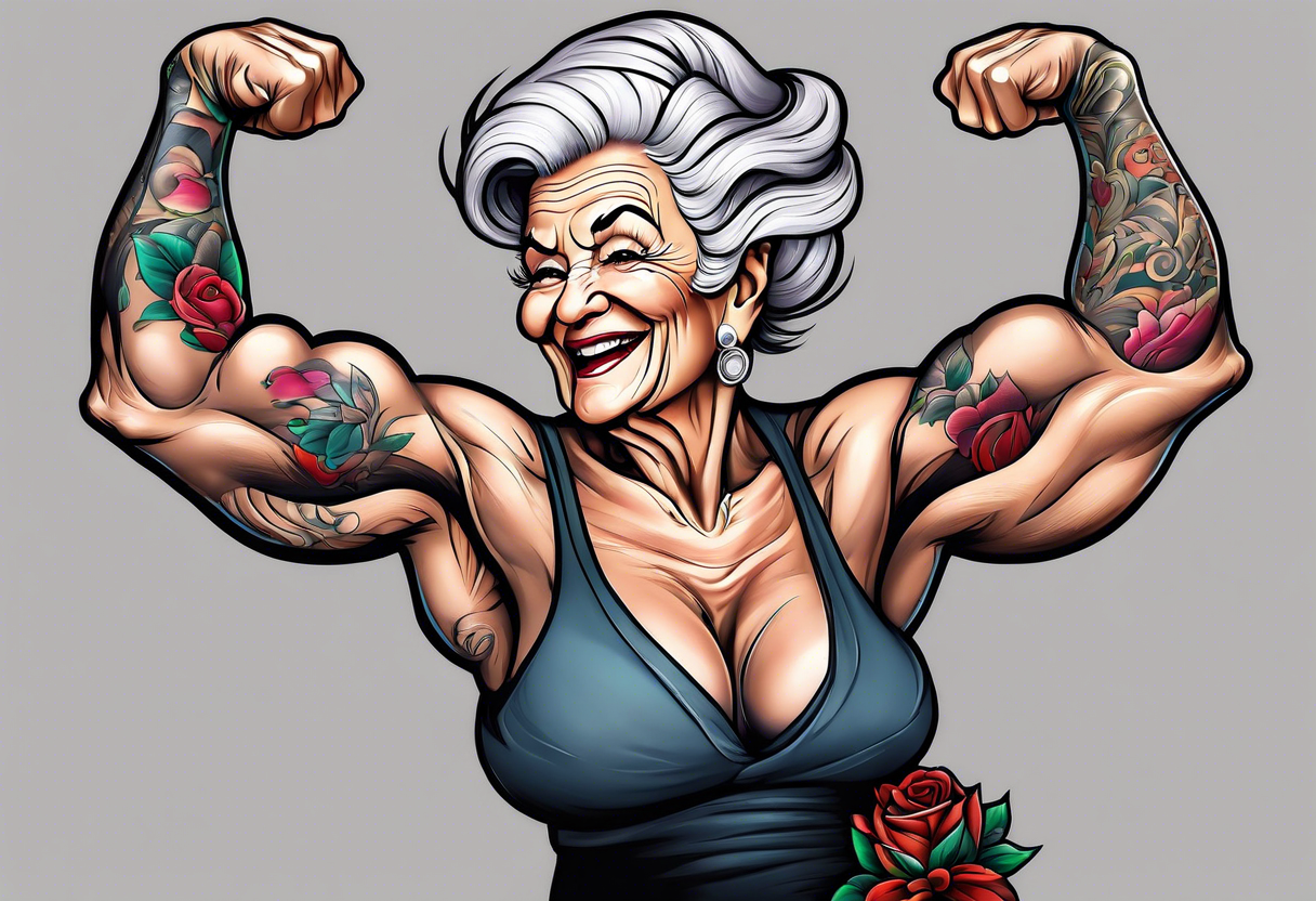 Muscular old lady showing off muscles. tattoo idea