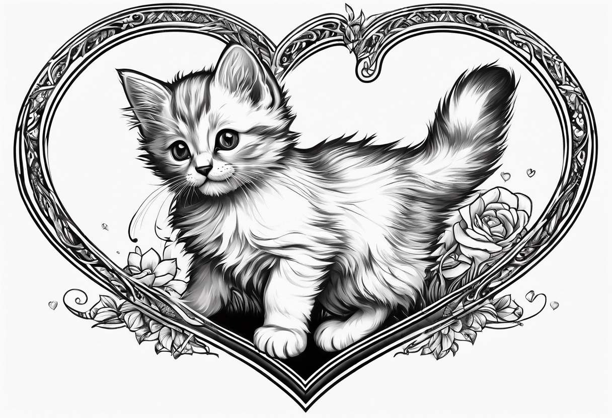 Cute kitten jumping over a heart full body tattoo idea