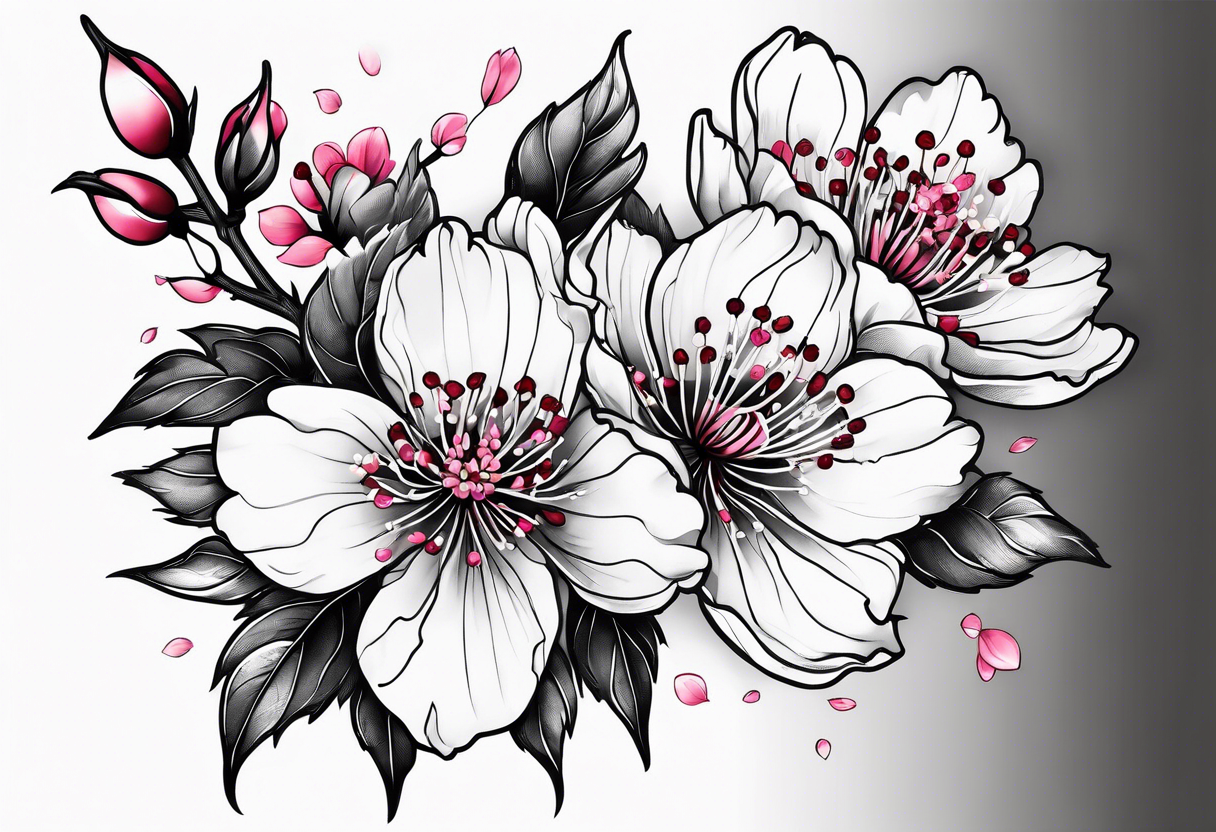 cherry blossoms with leaves and buds along branch tattoo idea