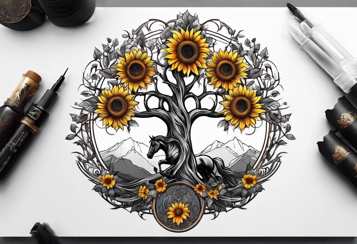 Yggdrasil tree, horse, sunflower tattoo idea