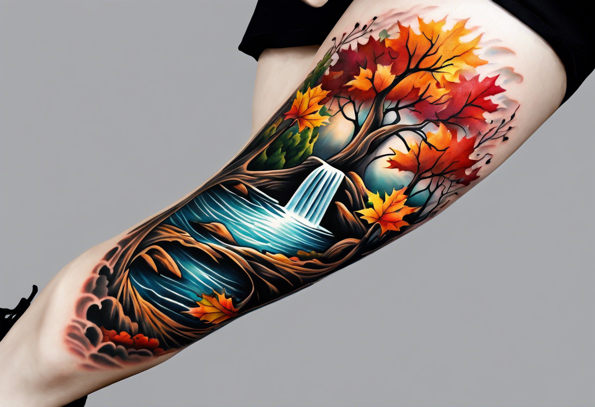 Knee tattoo with fall colors showing leaves, water flow, trees and sky tattoo idea