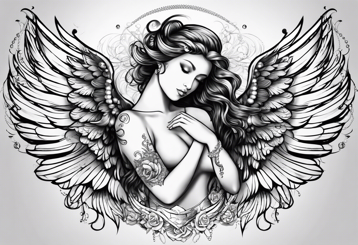 angel wings with pearls tattoo idea