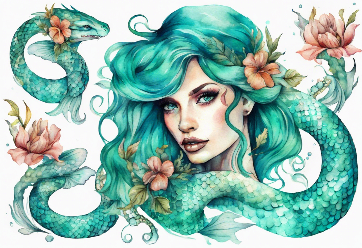 a turquois mermaid with a serpent tail tattoo idea