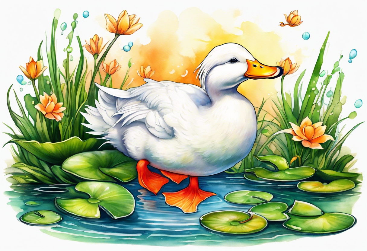 A white Duck with orange feet and a green toad playing together in a pond tattoo idea