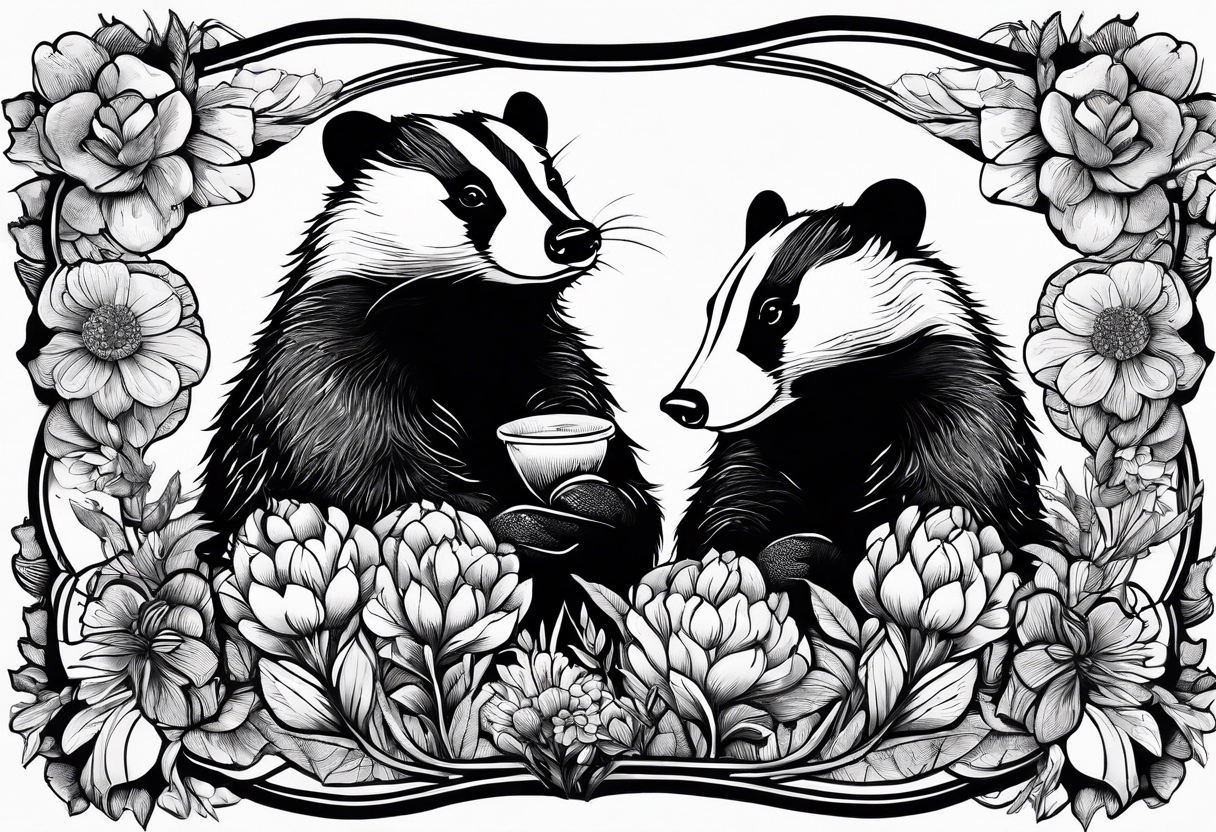 Trippy, pair of badger siblings in a field of flowers smoking a joint tattoo idea