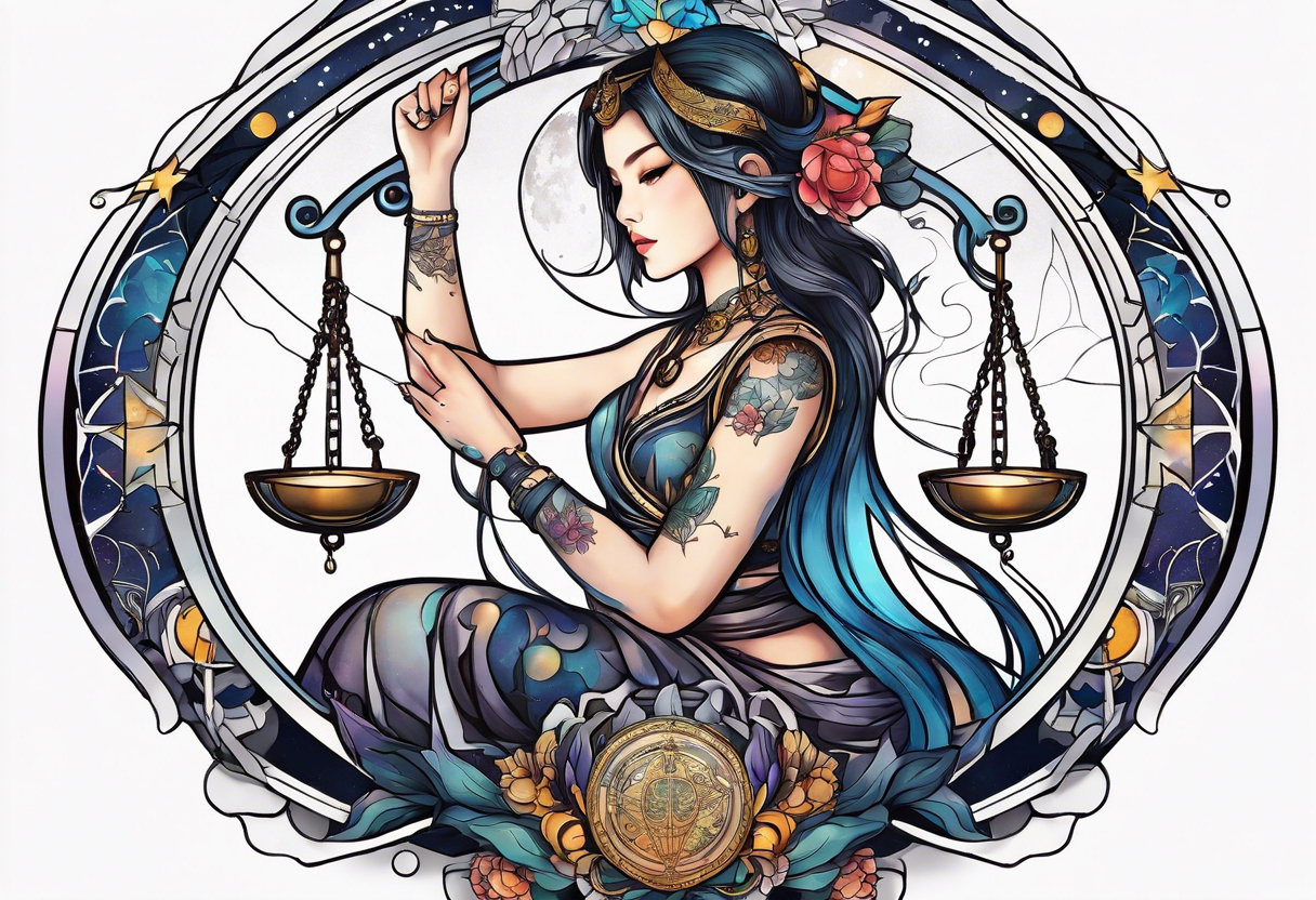 Libra woman holding scales with a night zodiac background including a half moon that encircles half of the woman tattoo idea