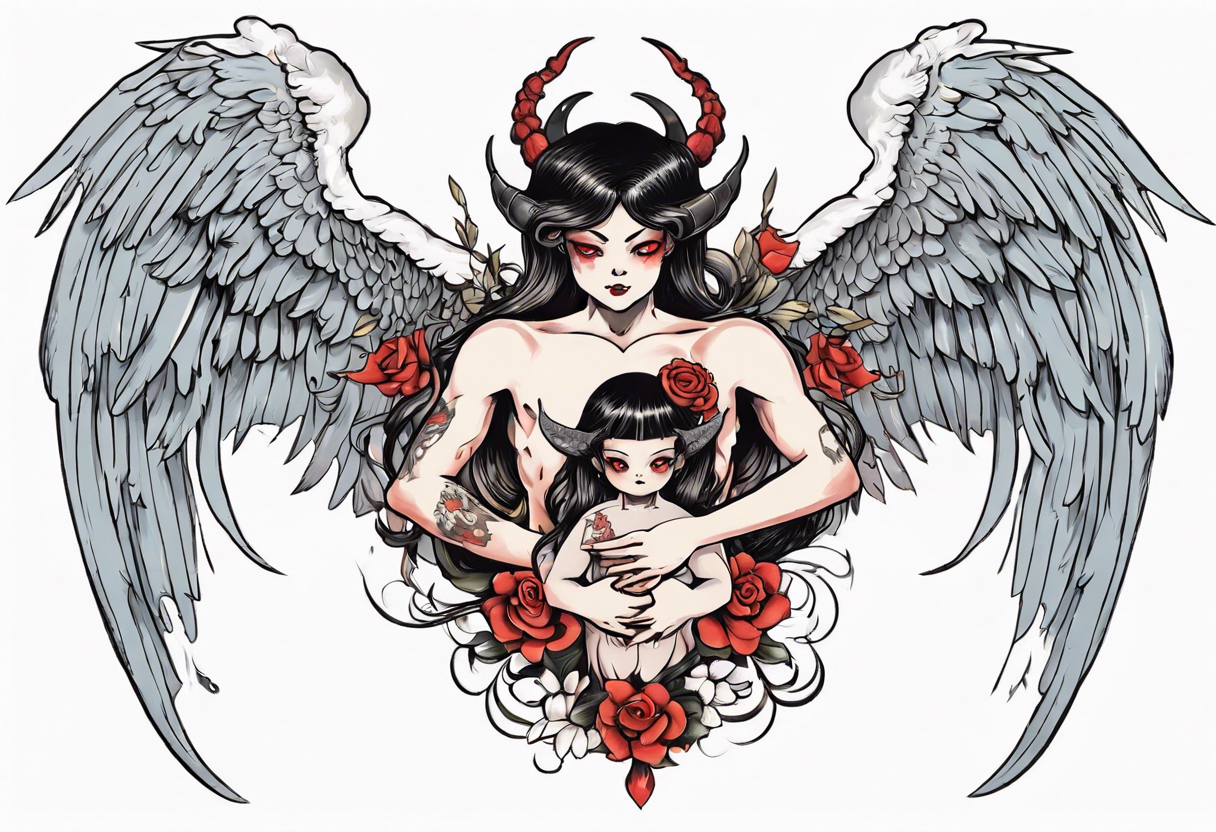 Demon holding an angel around her waist with her halo in his hands. He has angel wings, she has demon wings. tattoo idea