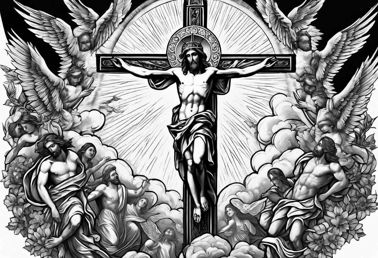 Ascension of crucified Jesus surrounded by angels and saints and sun rays. tattoo idea