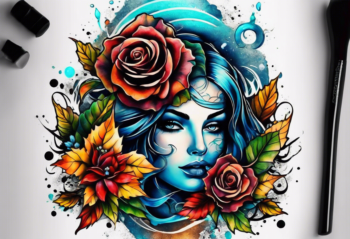 Front knee tattoo with fall colors, small flowers, rose, leaves, blue water flows with washes and background using Trash Polka style tattoo idea