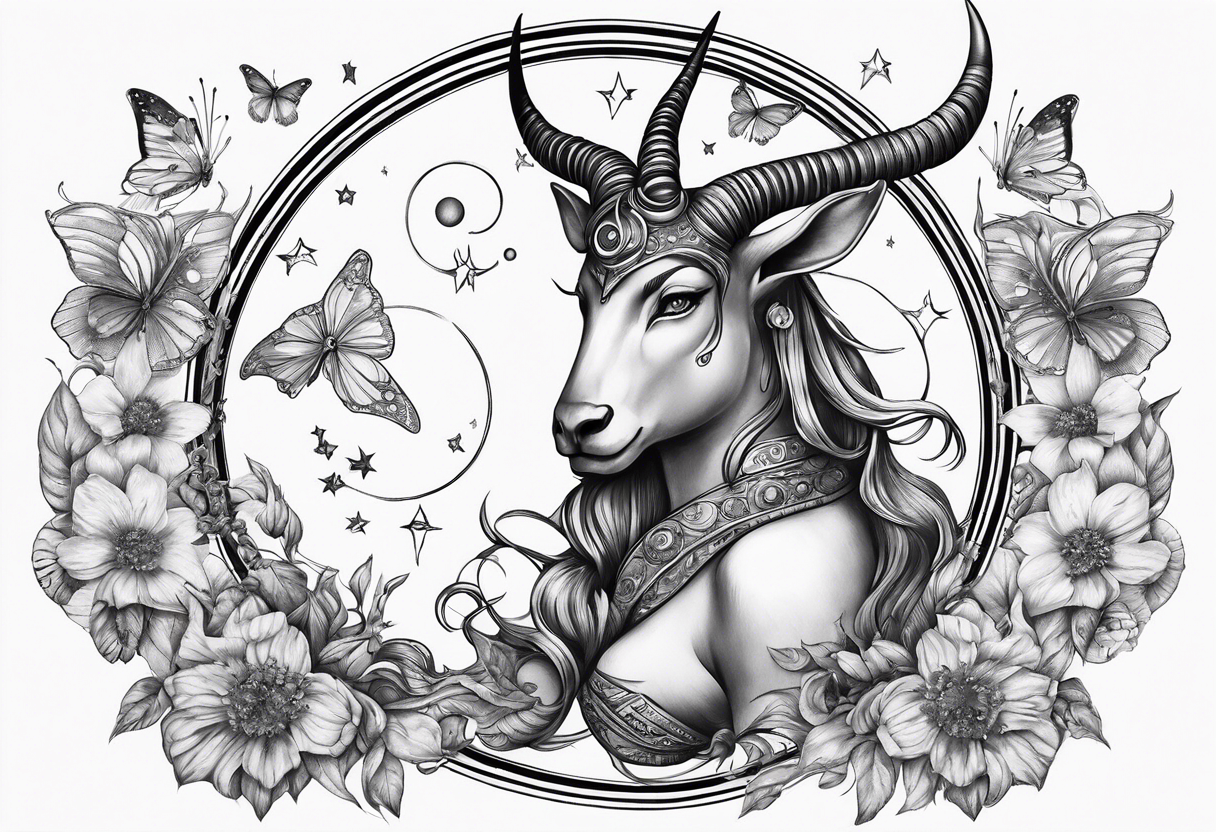 Capricorn tattoo with butterflies and moons with Saturn tattoo idea