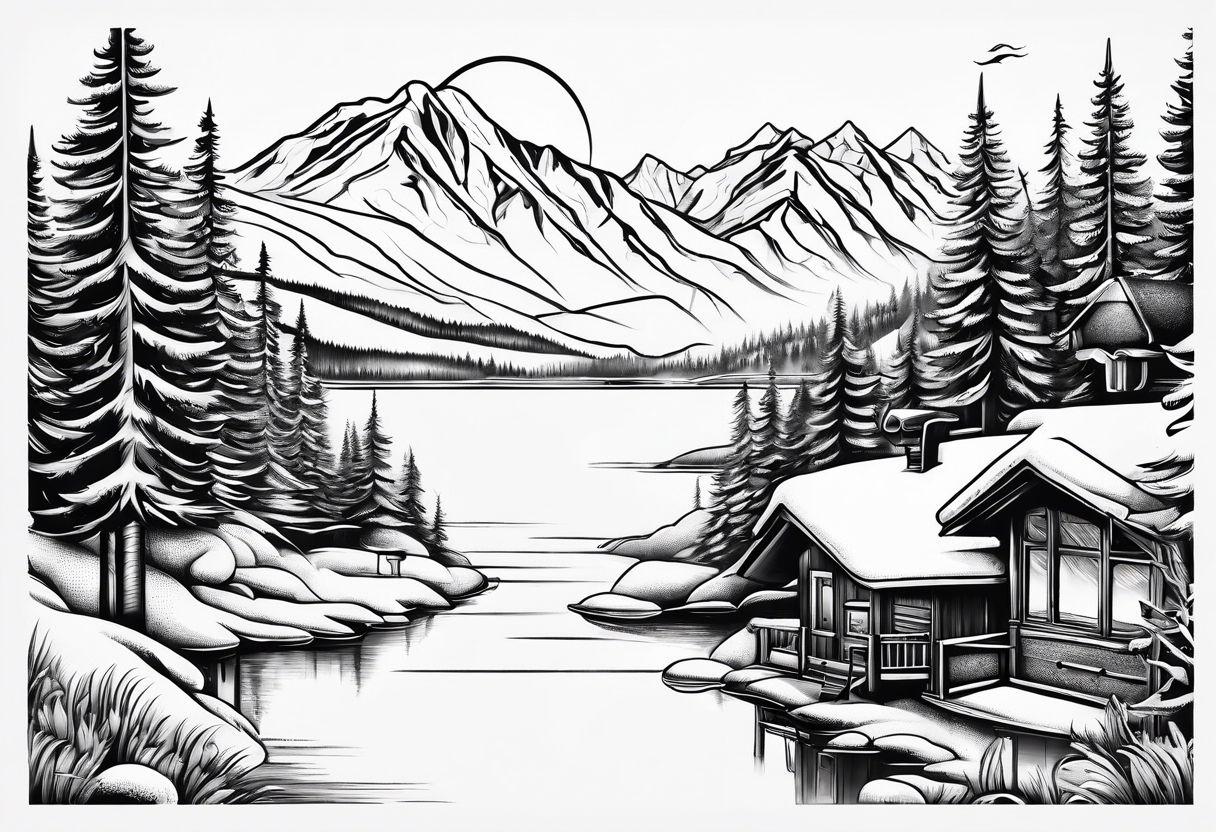 ski resort with lake in the background and chair lifts tattoo idea
