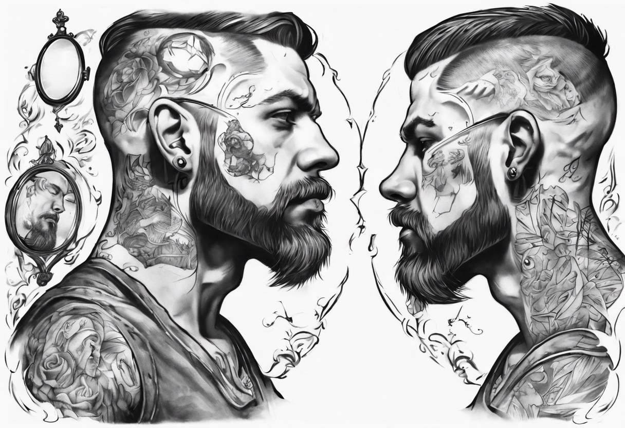 man looking into mirror, seeing his younger self tattoo idea