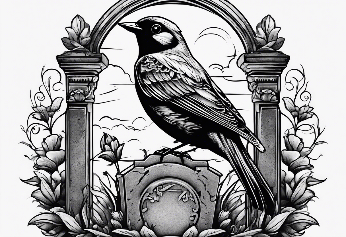 Bird resting on a grave stone tattoo idea