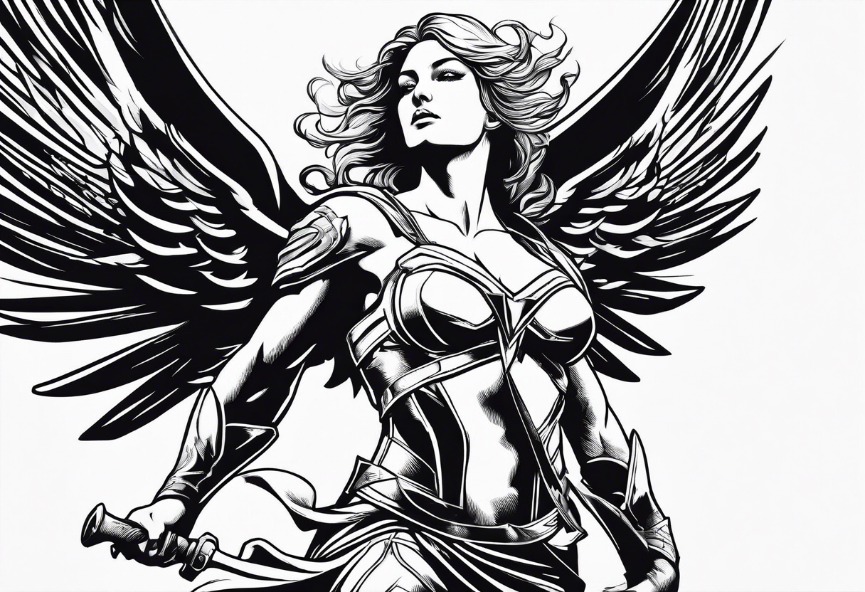 Angel in the pose of a superhero landing tattoo idea