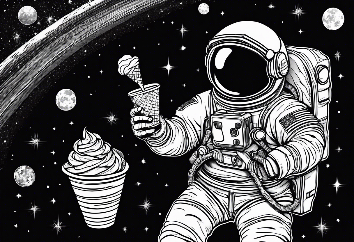 a picture of an astronaut eating an ice cream cone while floating in space showing the full body tattoo idea