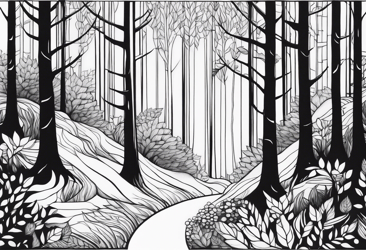 Draw me a Magical forest with s lot of trees in 2D and every tree is black and you see every treetop tattoo idea