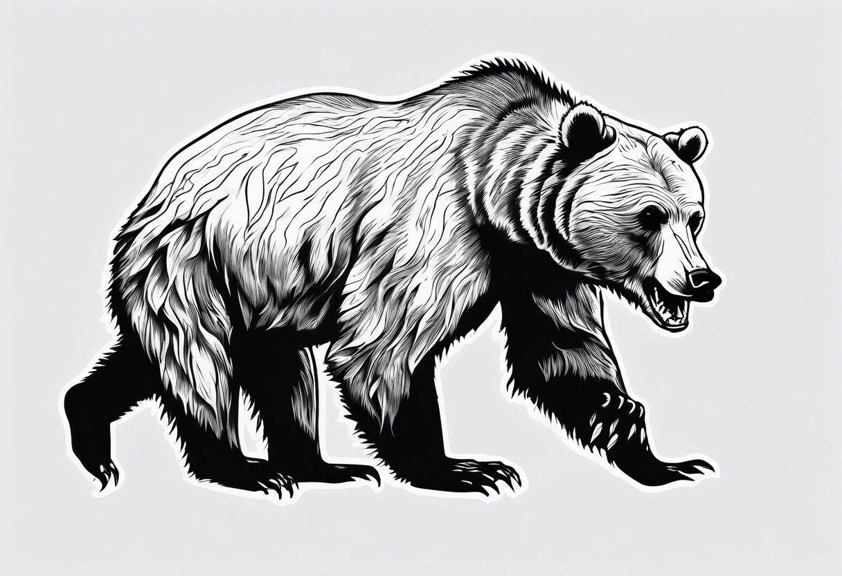 A transparent growling grizzly bear standing on hind legs and inside the bear a realistic depiction of the triglav mountain in slovenia and under the sea pounding the mountain. All inside the bear tattoo idea