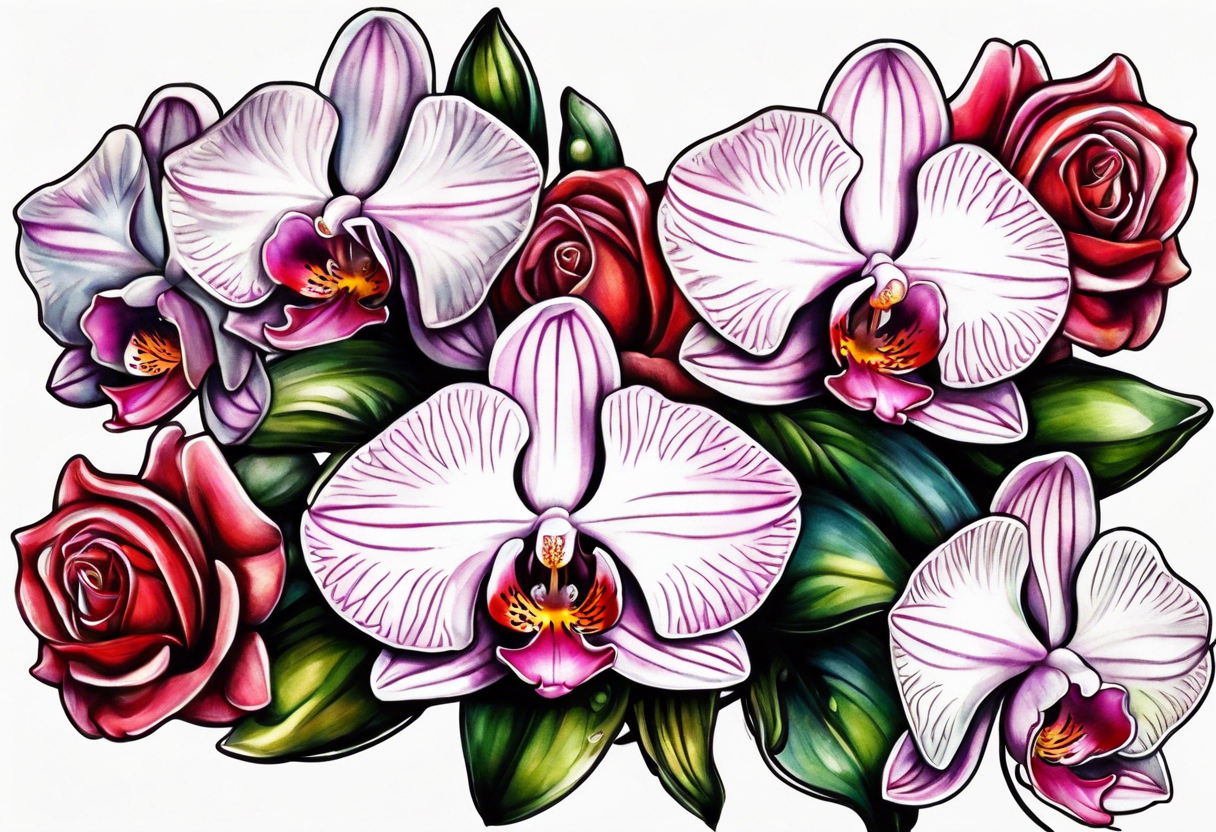 Cymbidum orchid with roses on each side tattoo idea