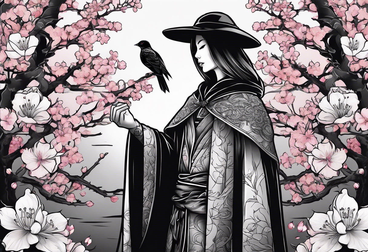 dark cloak alongside cherry blossom dagger tattoo idea