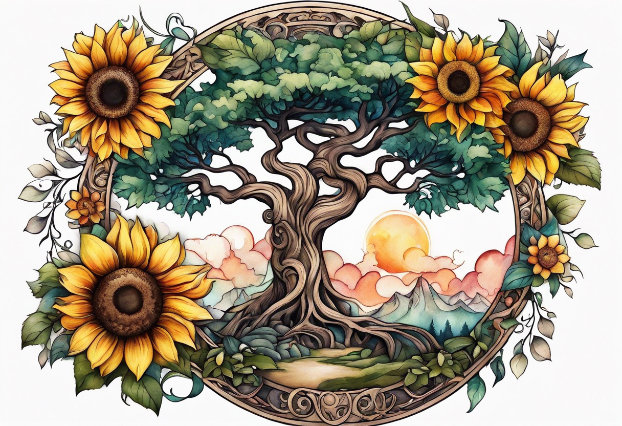 Feminine Yggdrasil tree with two sunflowers tattoo idea