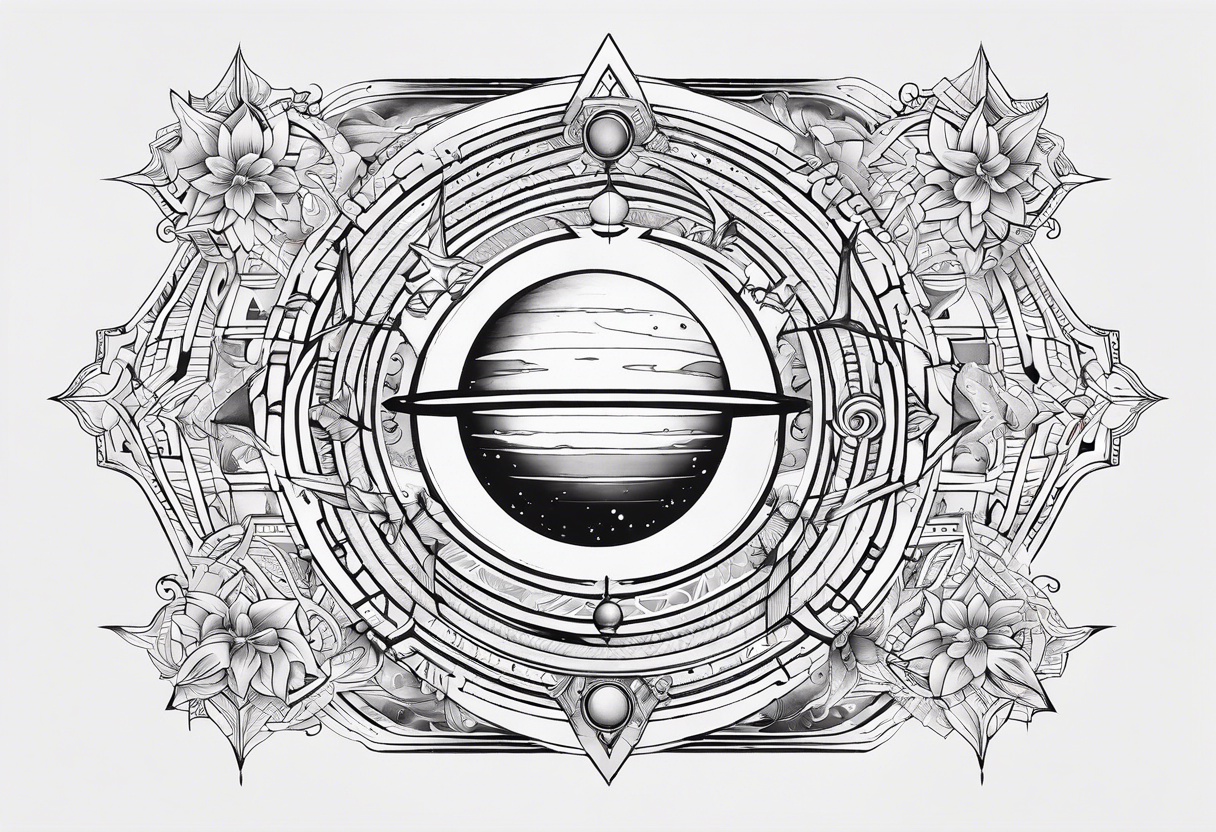 A tattoo with Saturn at the center surrounded by intricate linguistic symbols, reflecting the client's interests in cosmology and linguistics. tattoo idea