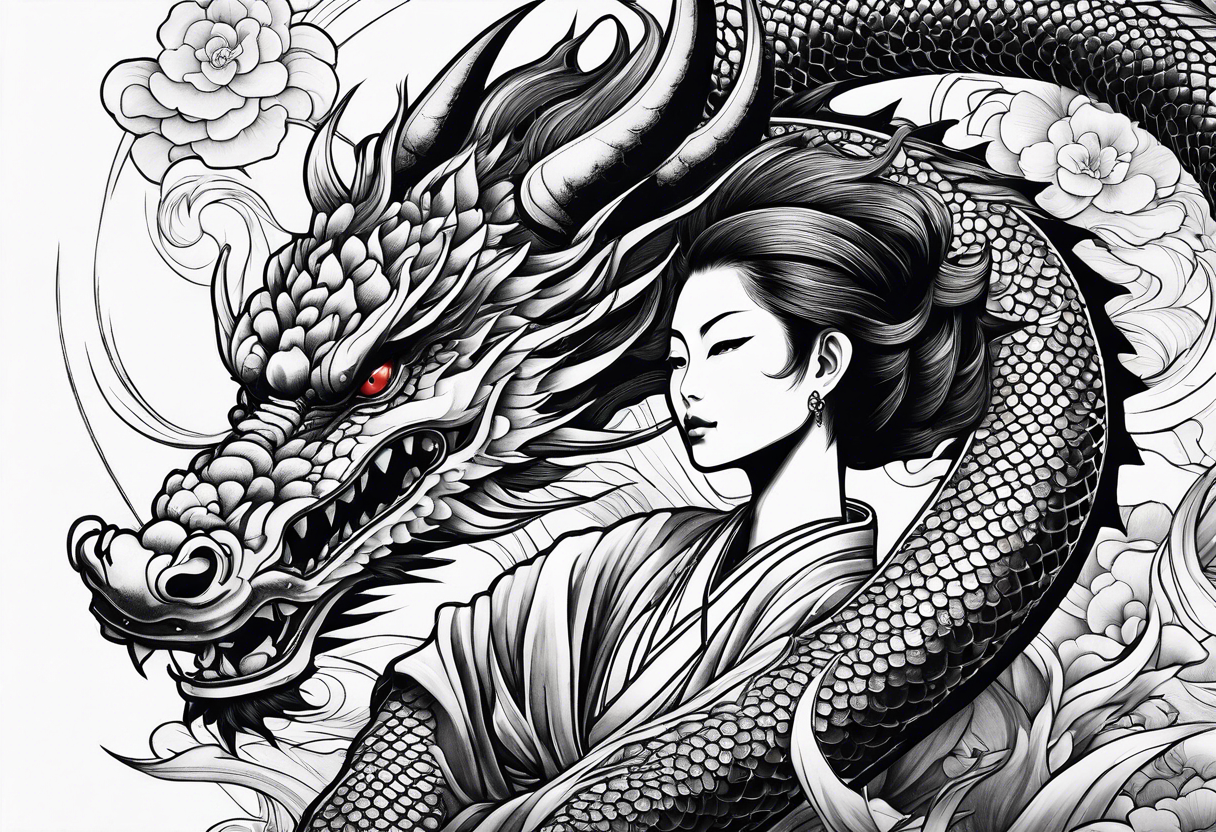 Woman riding a dragon, traditional japanese irezumi style tattoo idea