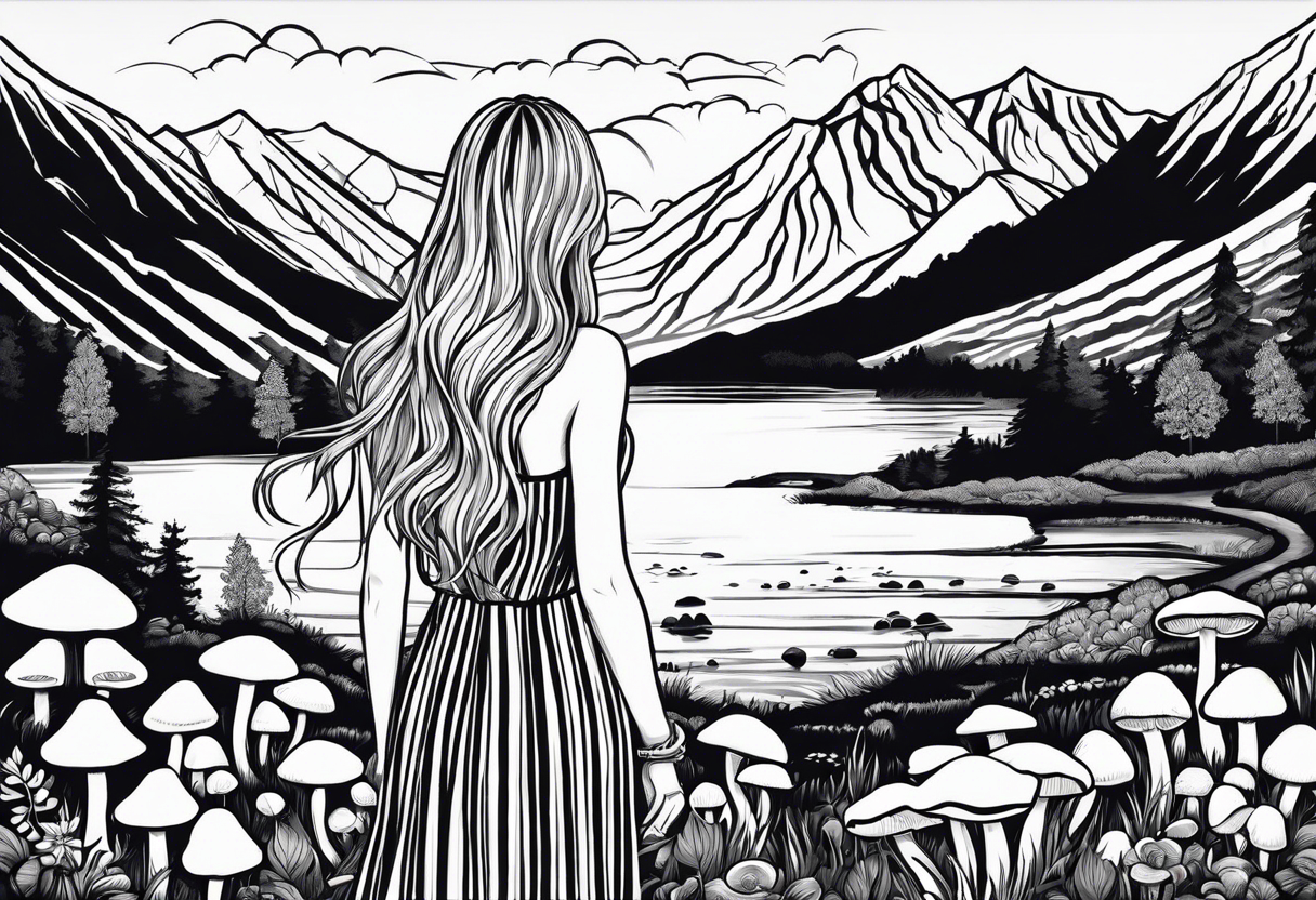 Straight long blonde hair hippie girl in distance holding mushrooms in hand facing away toward mountains and creek surrounded by mushrooms black and white striped dress tattoo idea