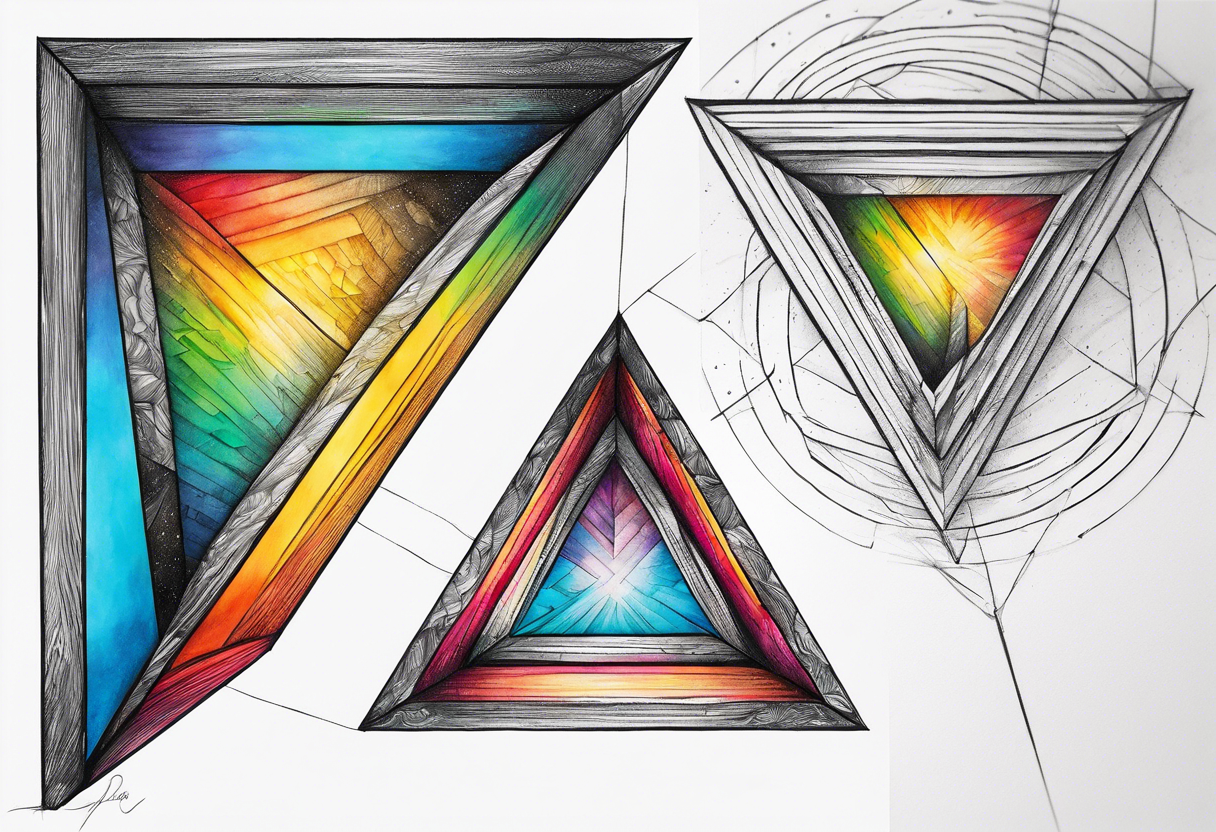 a ray of light entering a simple, flat, triangle prism from the left side and getting dispersed into colours tattoo idea