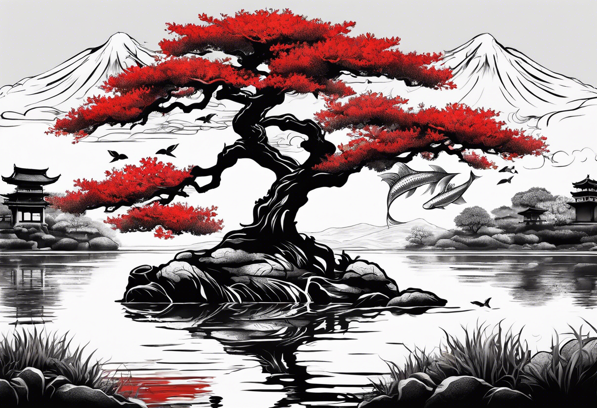 Red japanese oak tree next to a river with koi fish in the water tattoo idea