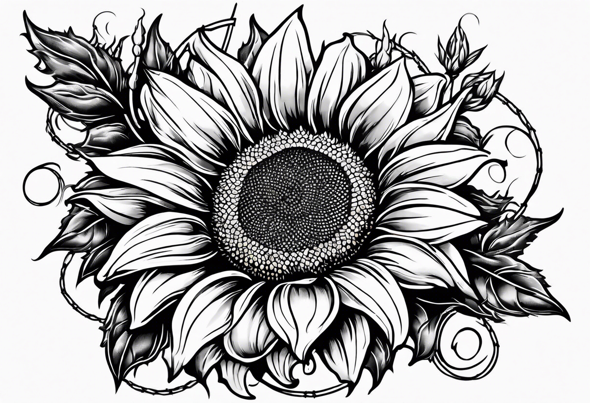 Sunflower, wheat, horseshoe, and barbed wire half sleeve tattoo idea