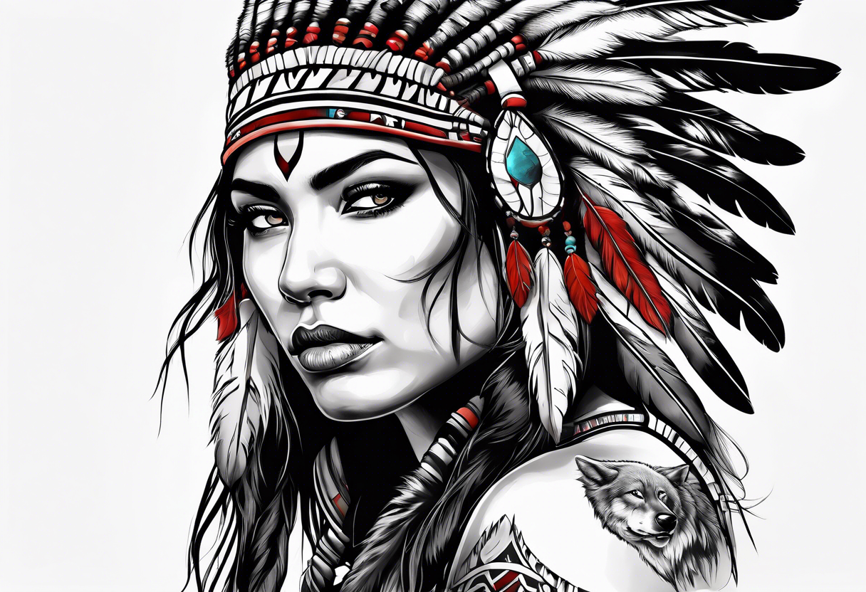 dark organic line artwork, photo realistic woman, native american, wolf, blood tattoo idea