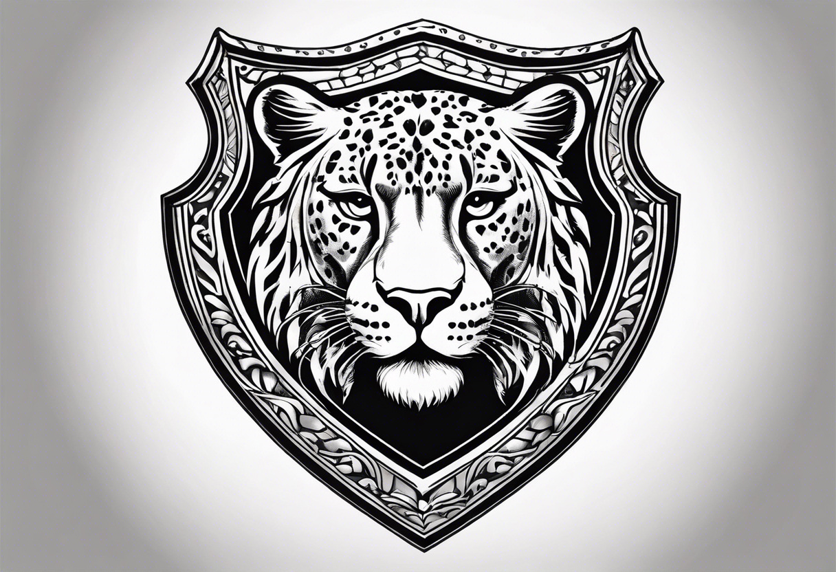 A shield with small leopar head as shield's emblem. The shield would be hang on a ivy planted wall tattoo idea