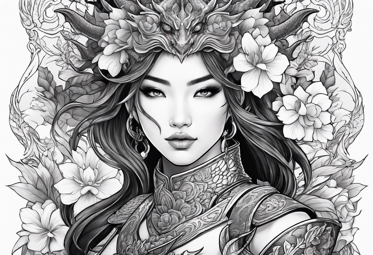 beautiful warrior woman wearing dragon armor and a floral background and a dragon a full picture tattoo idea