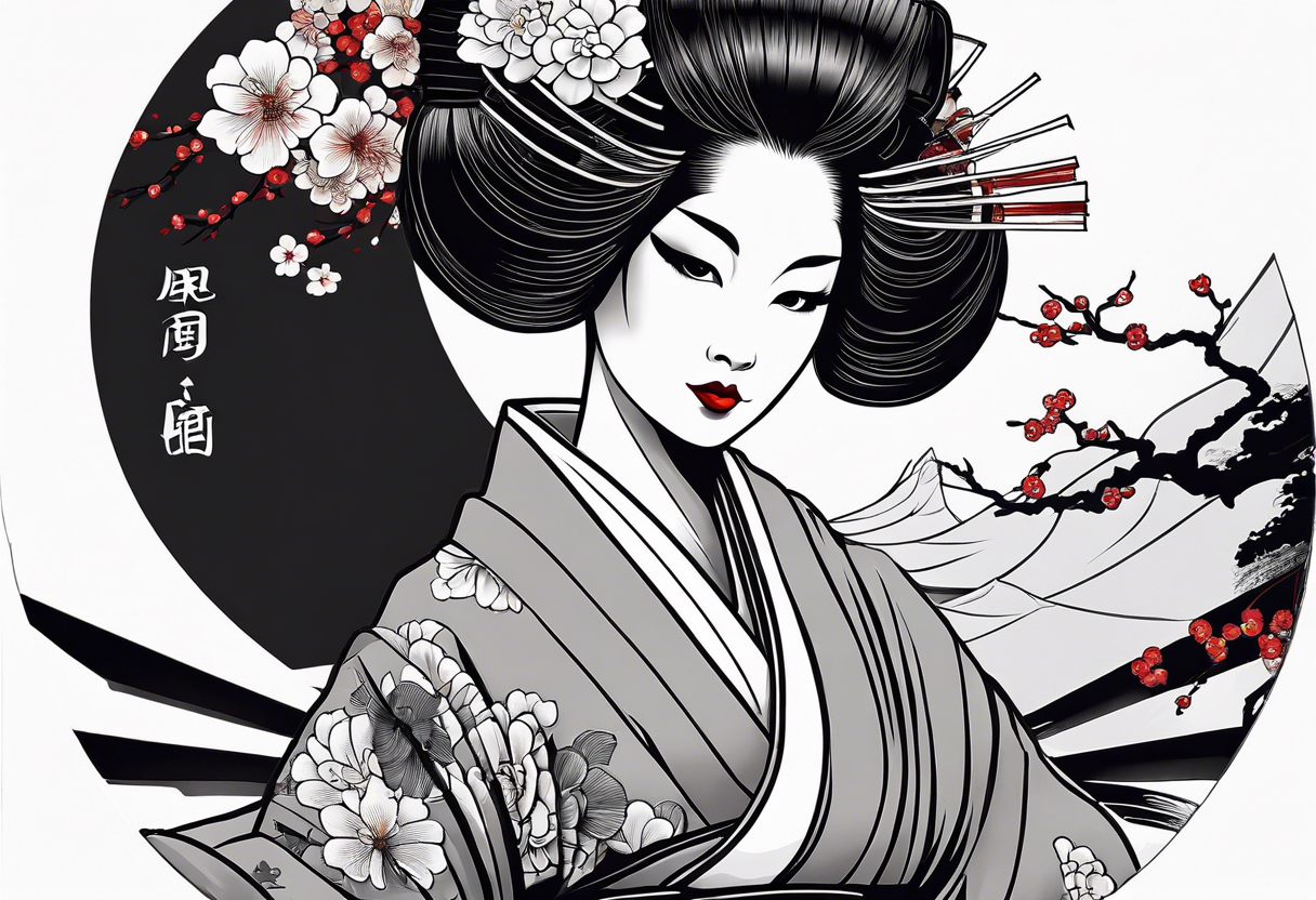 Geisha with a dress and a fan, traditional japanese style, white background tattoo idea