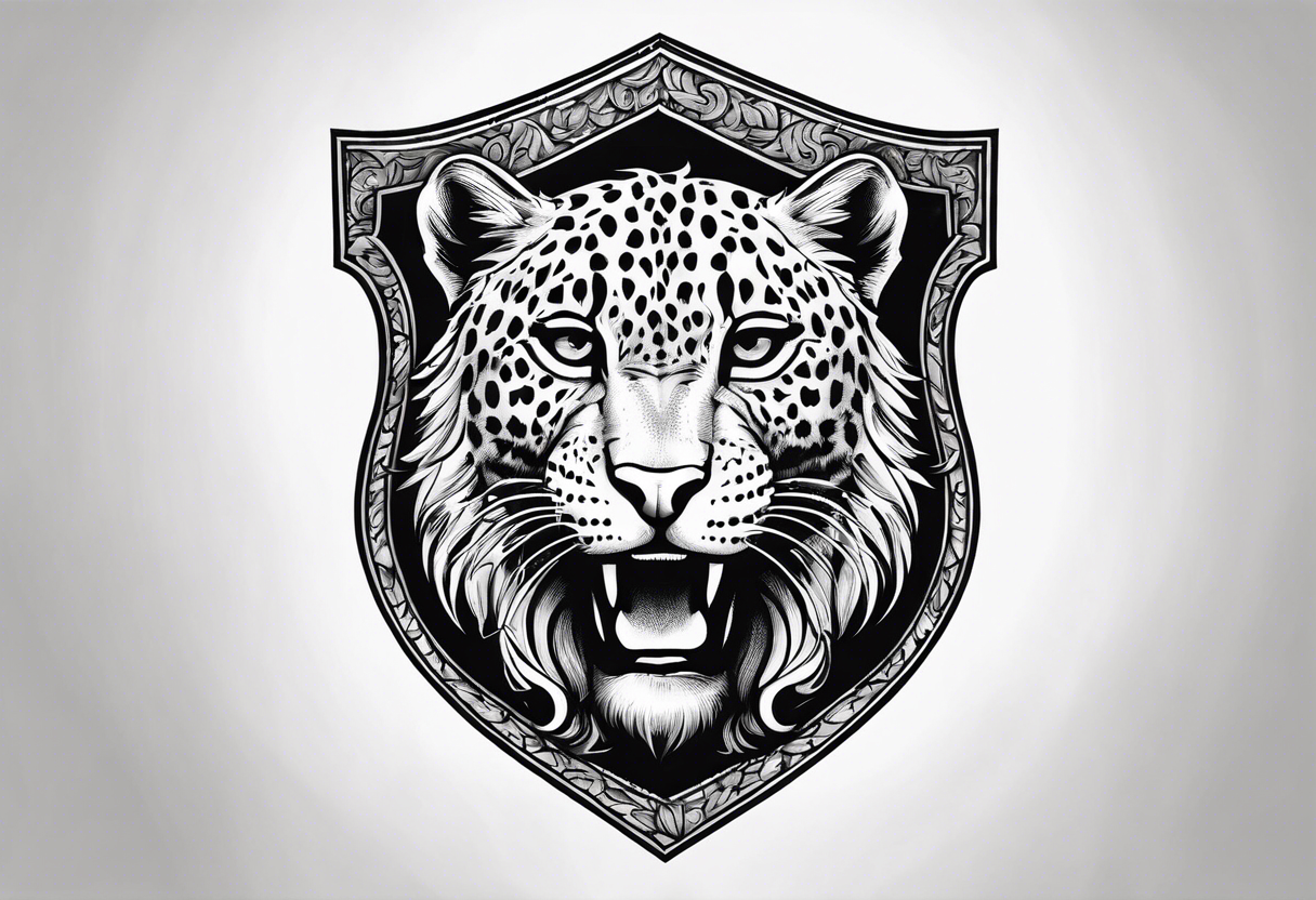 A shield with small leopar head as shield's emblem. The shield would be hang on a ivy planted wall tattoo idea