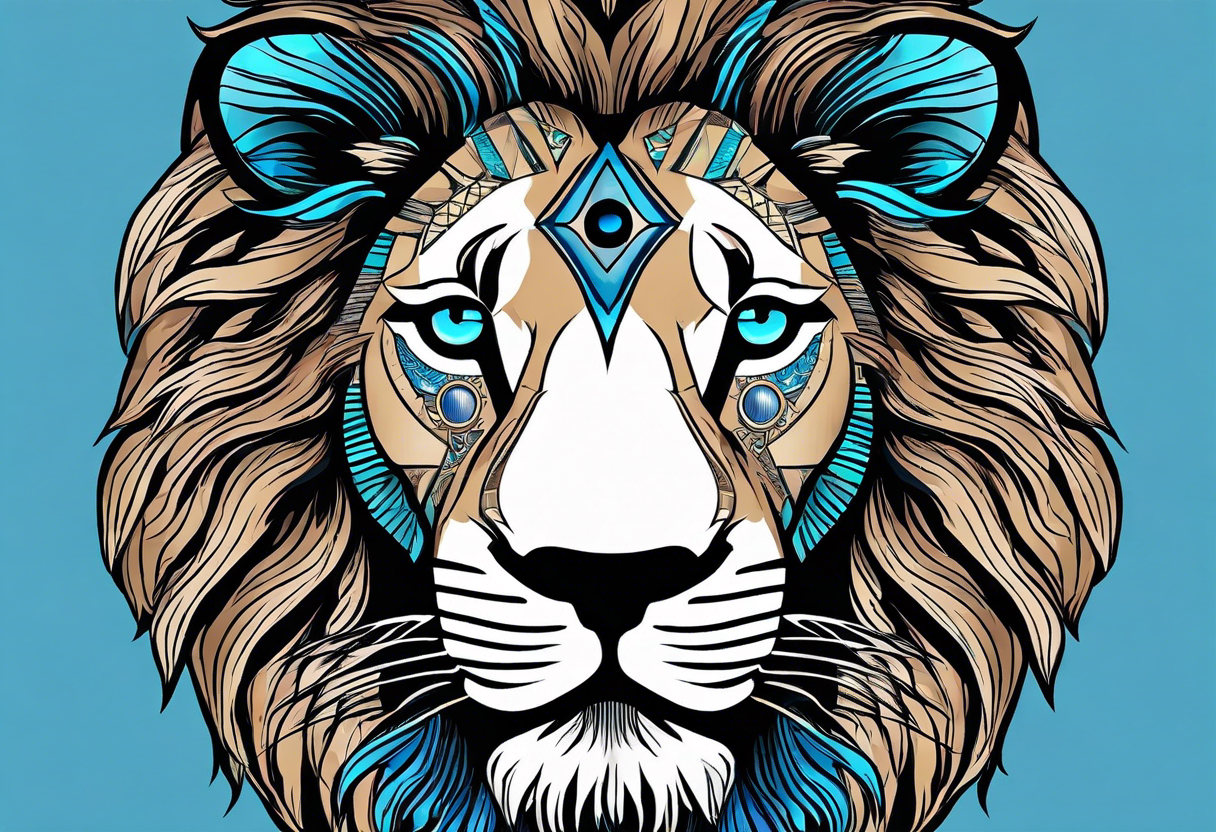 face of a lion with a third eye. Left eye blue, right eye brown. The third eye on the forehead is abstract. Around the muzzle there is a compass bezel tattoo idea