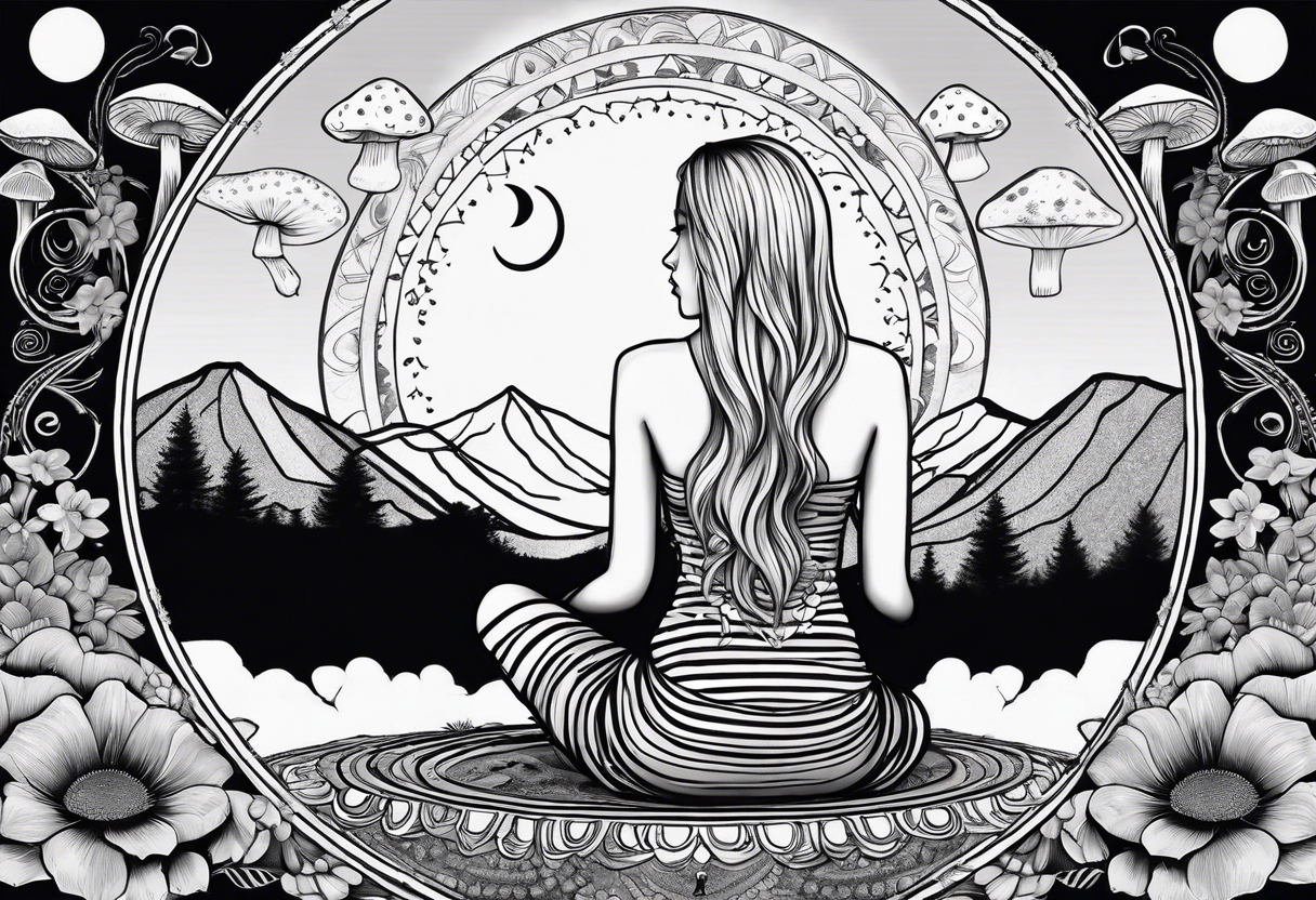 Straight blonde hair girl meditating facing away toward mountains surrounded by mushrooms crescent moon mandala circular design black and white striped dress tattoo idea