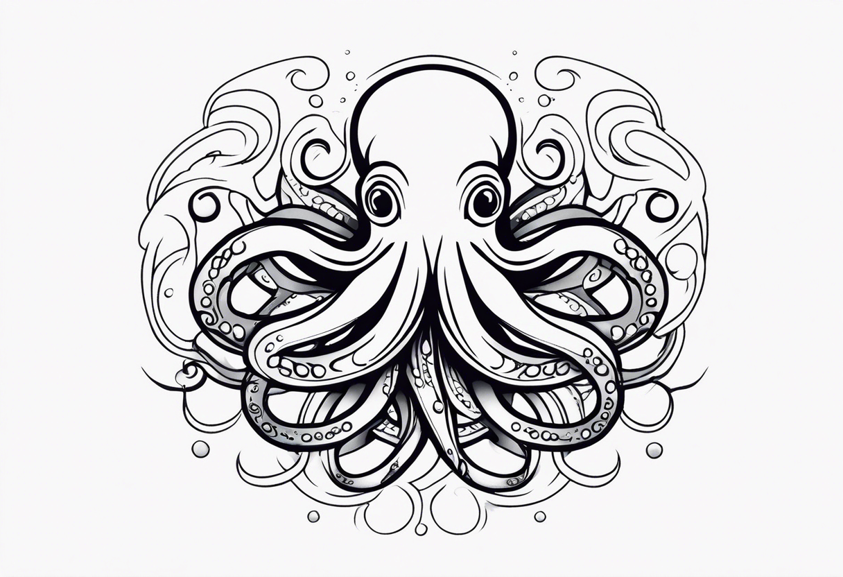 Tribal half sleeve. octopus surrounded by ribbons of water waves filled with fish. the octopus has no eyes. Use thick lines only with less detail. tattoo idea