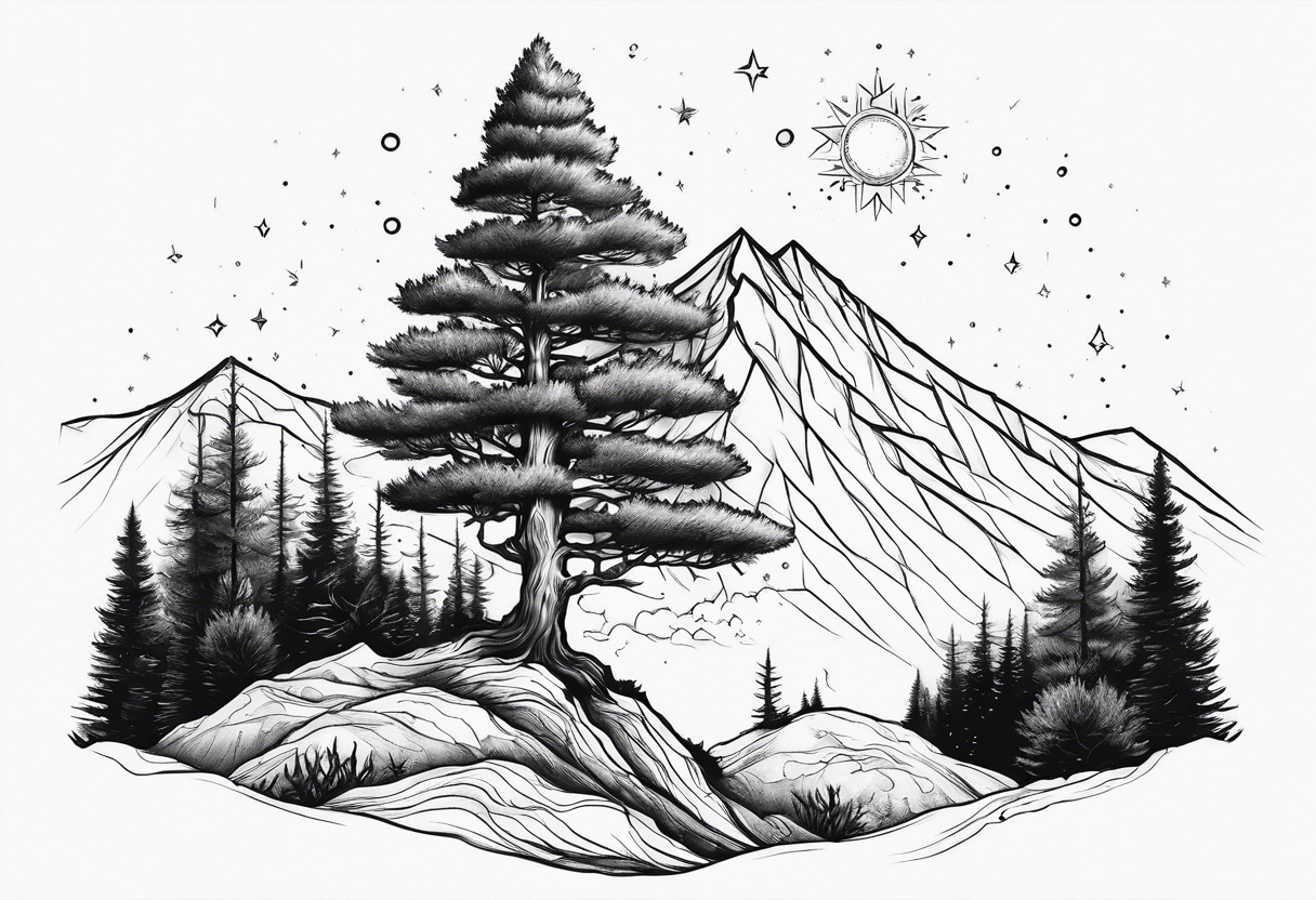 A mountain in the background, with a pine tree in front of the constellation of Aquarius tattoo idea