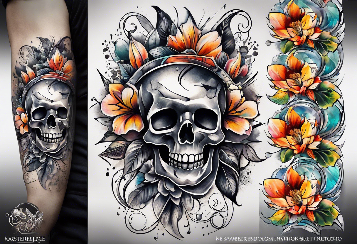 front knee tattoo with flowers & skulls, swirls & water washes, background washes tattoo idea