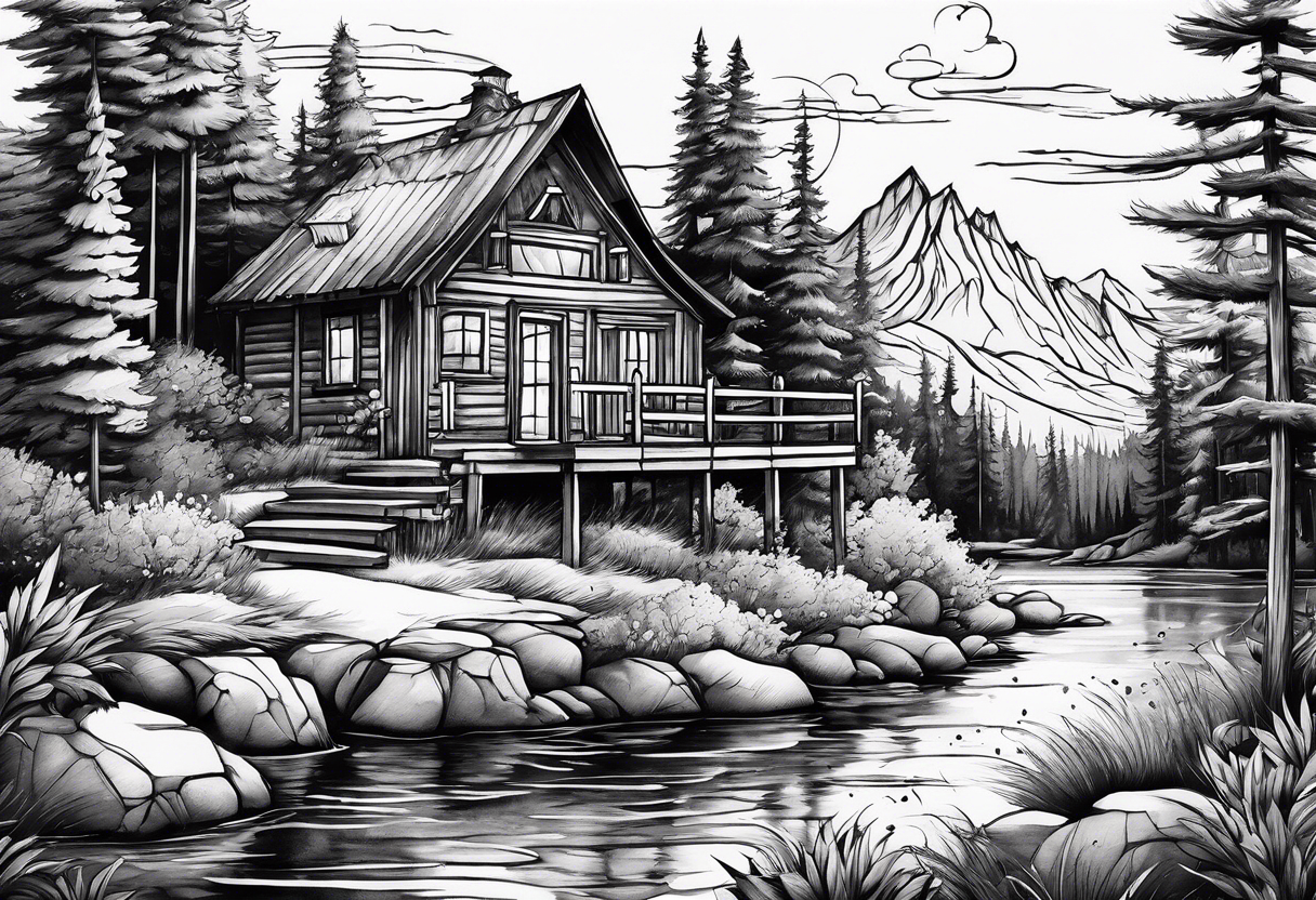 Whimsical landscape with cabin tattoo idea